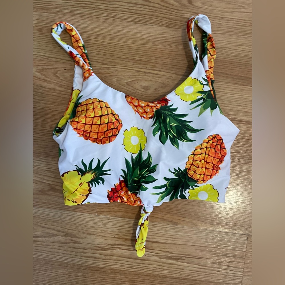 Women's White Pineapple‎ Print Tie Front Bikini Top Swimsuit Size 6